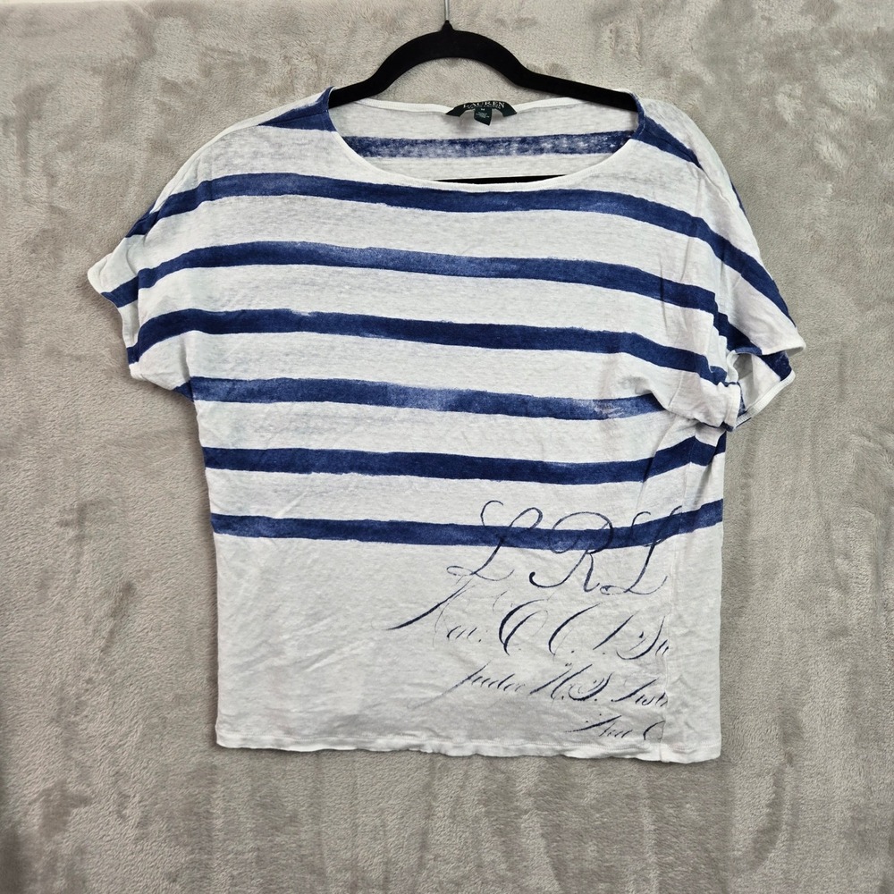 Lauren Ralph Lauren Linen Blend Striped Graphic Top Blue White Size M